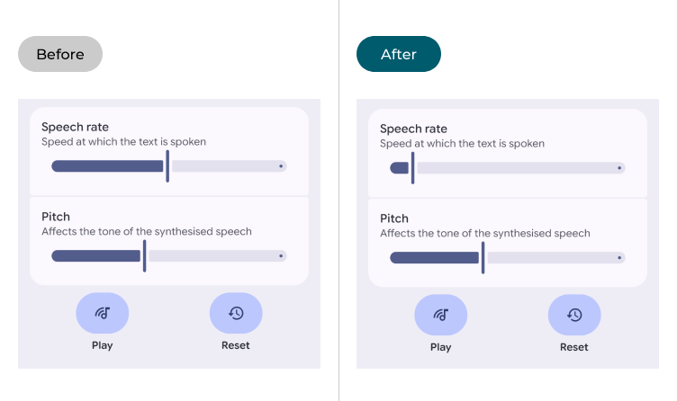 Text to speech settings before and after adjustment